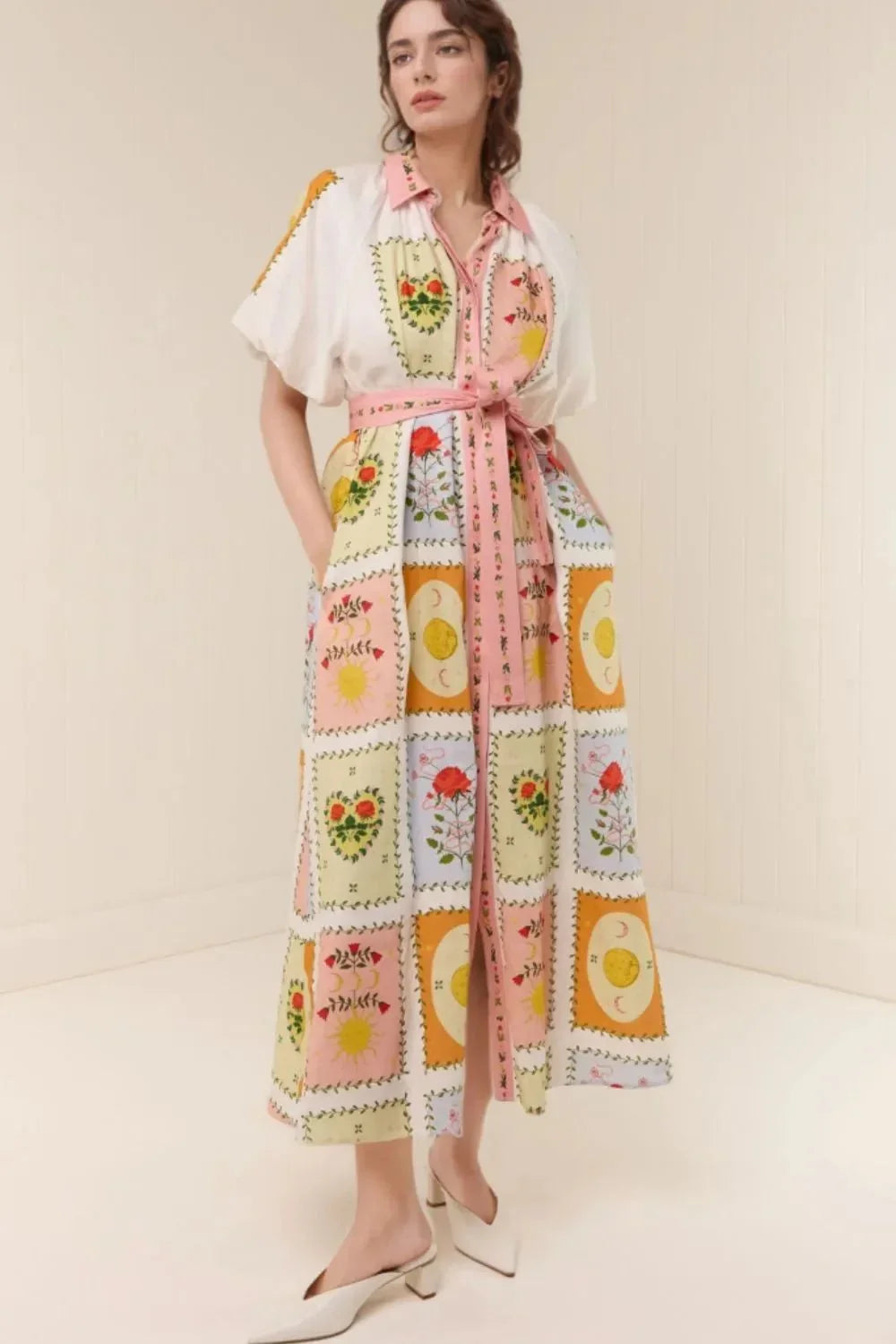 Printed Short Sleeve Belted Maxi Dress - VILLA FASHION