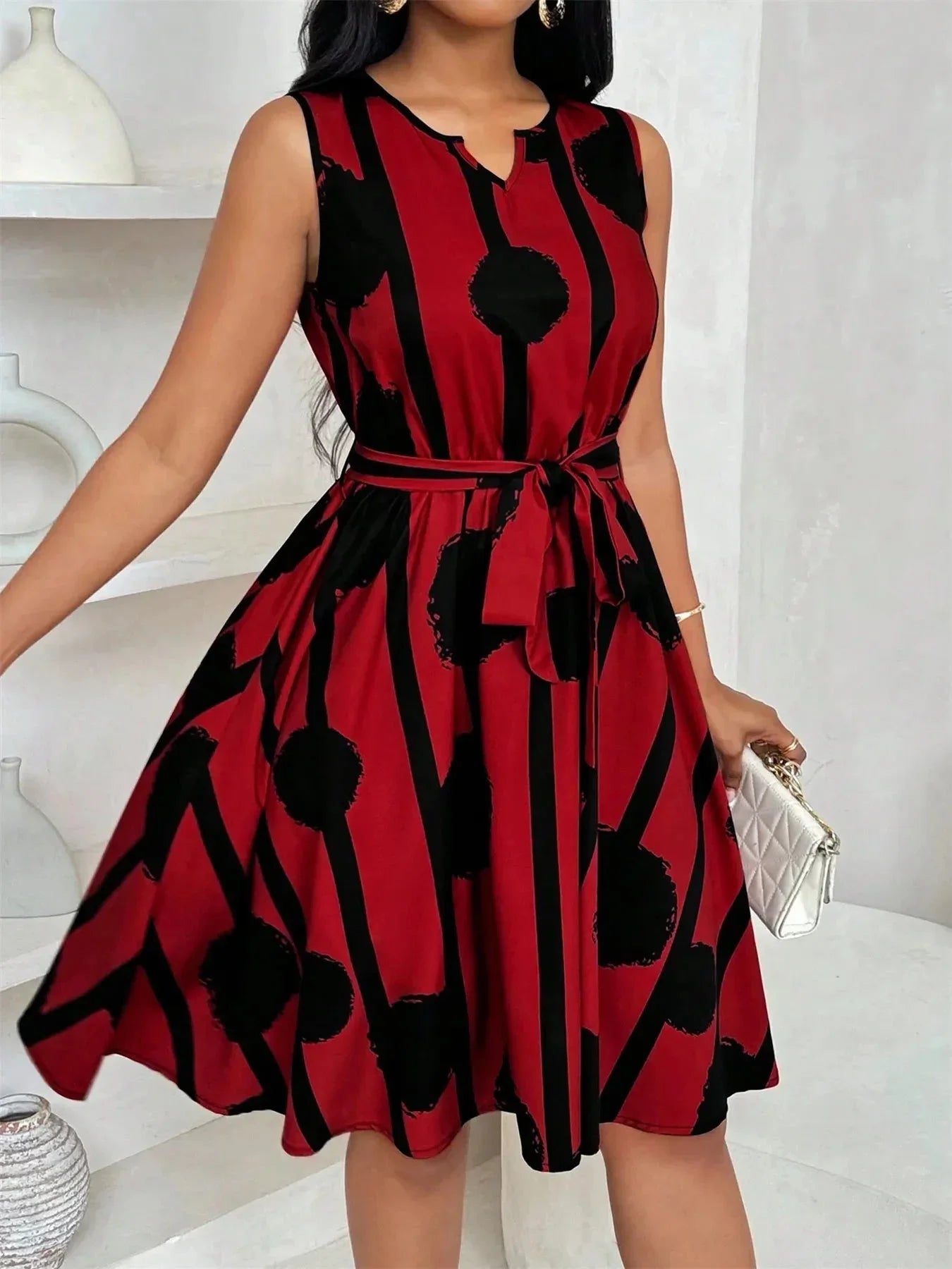 Printed Sleeveless A - Line Dress - VILLA FASHION