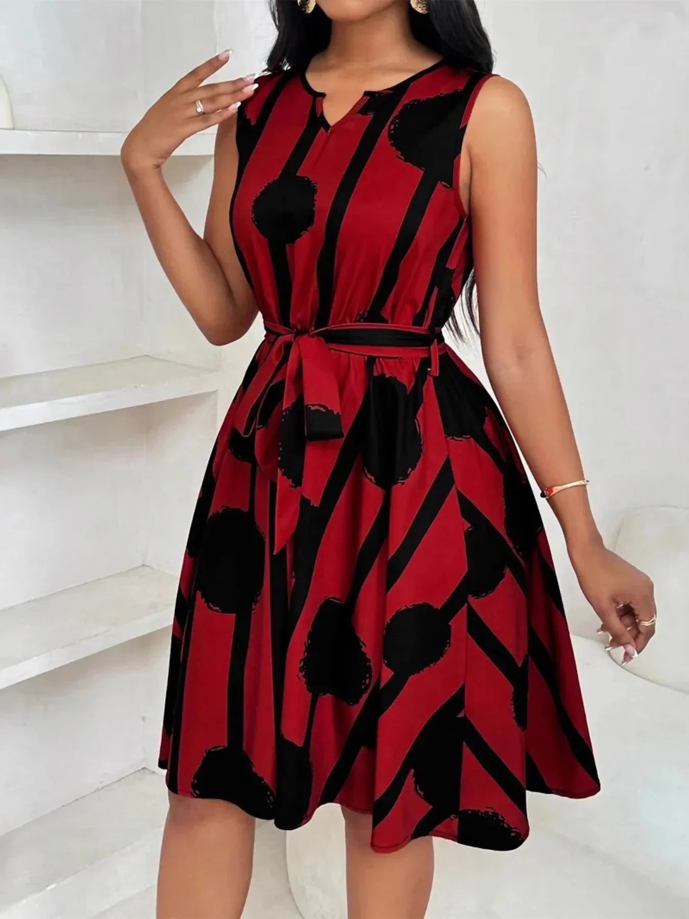 Printed Sleeveless A - Line Dress - VILLA FASHION