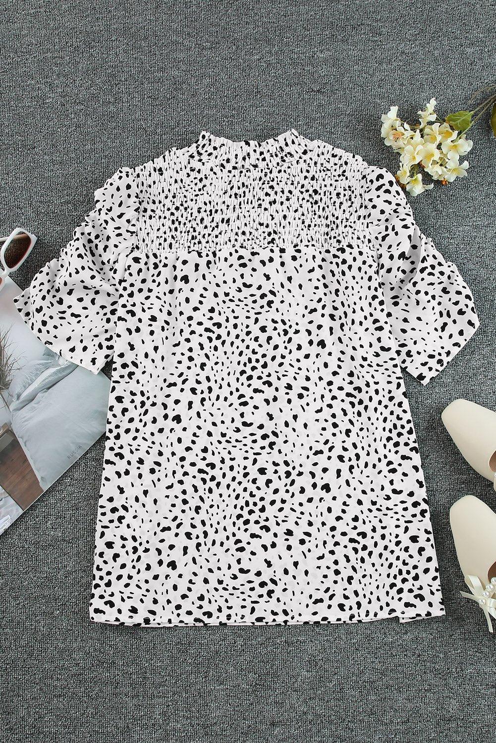 Printed Smocked Mock Neck Blouse - VILLA FASHION