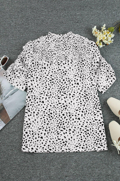 Printed Smocked Mock Neck Blouse - VILLA FASHION