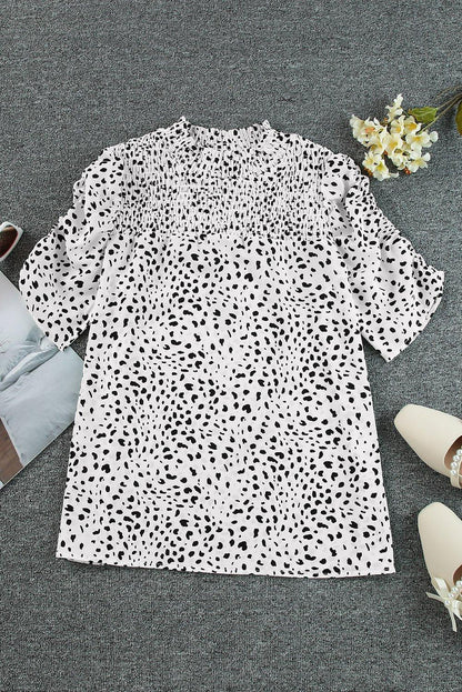 Printed Smocked Mock Neck Blouse - VILLA FASHION
