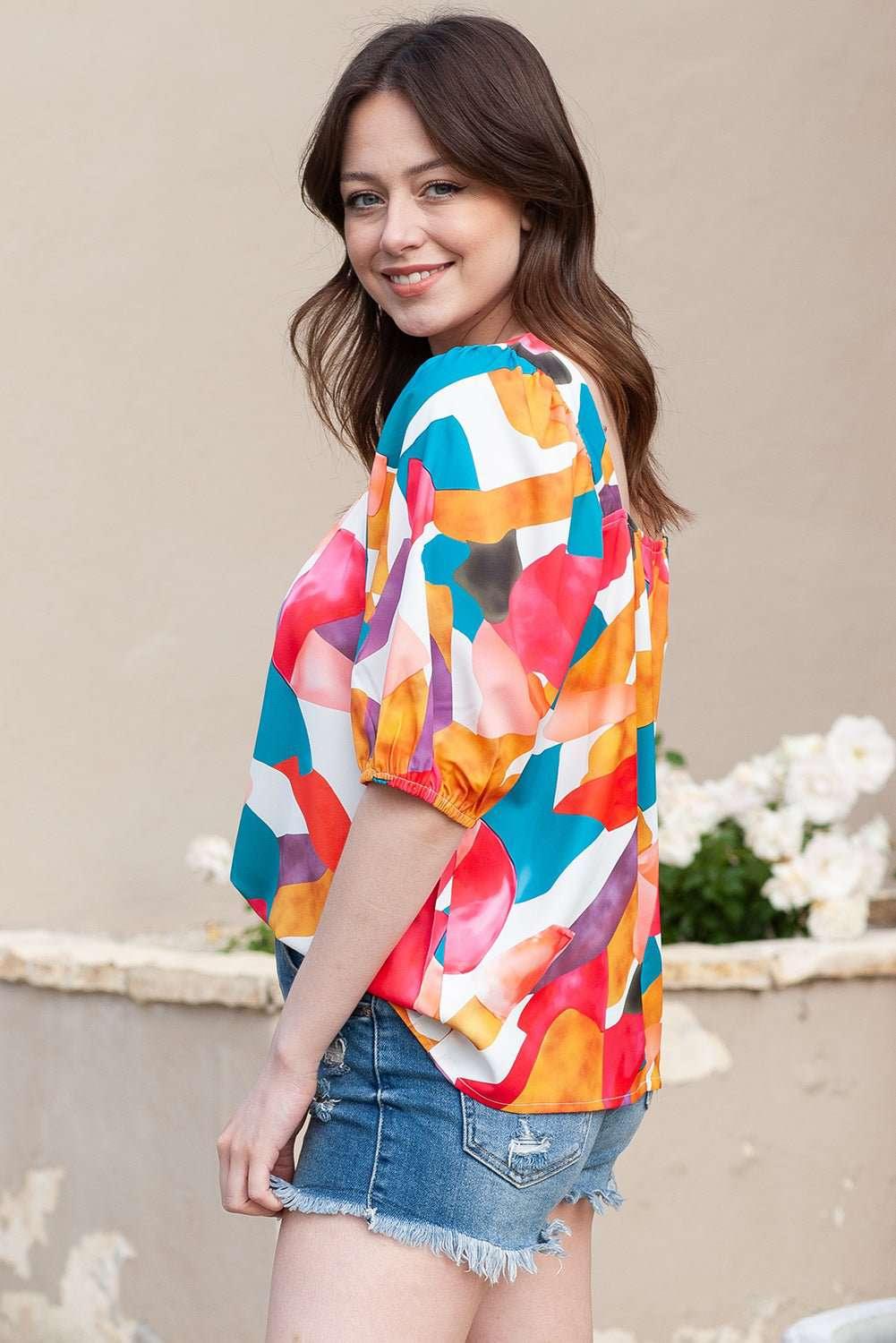 Printed Square Neck Half Sleeve Top - VILLA FASHION