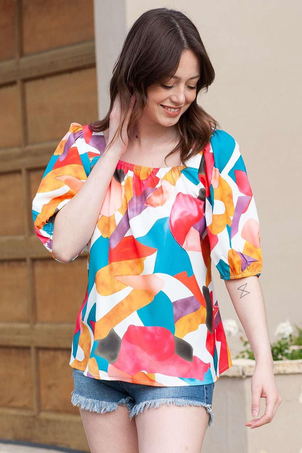 Printed Square Neck Half Sleeve Top - VILLA FASHION