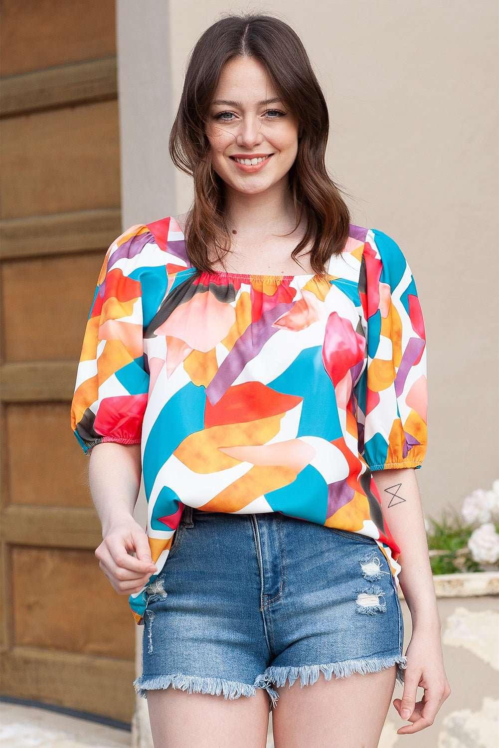 Printed Square Neck Half Sleeve Top - VILLA FASHION