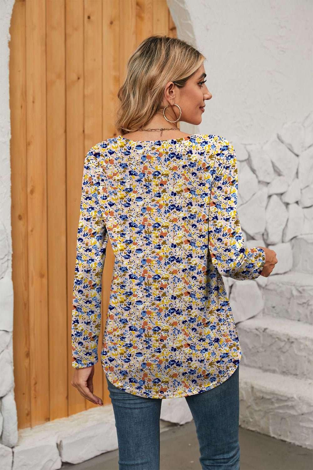 Printed Square Neck Long Sleeve Blouse - VILLA FASHION