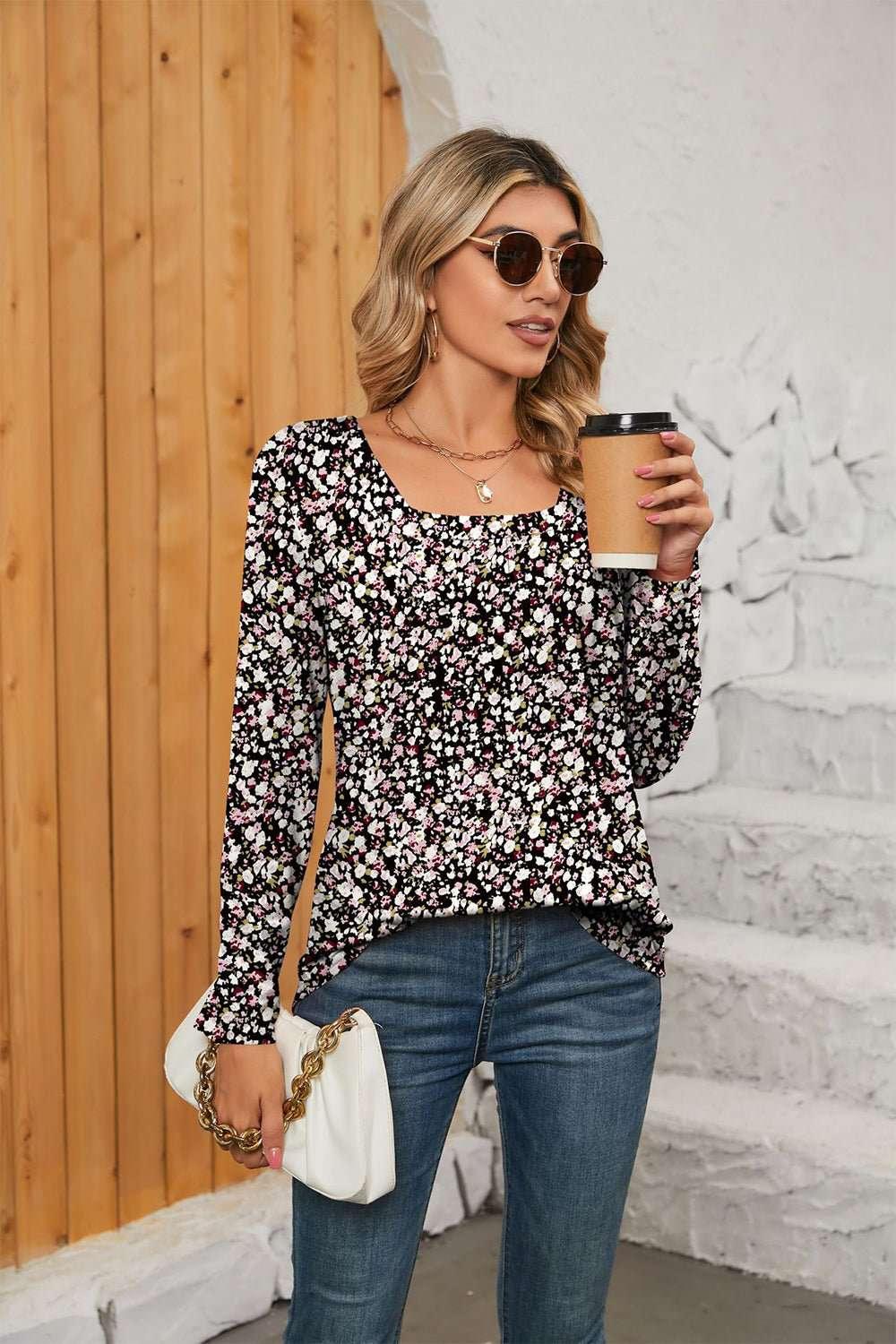 Printed Square Neck Long Sleeve Blouse - VILLA FASHION