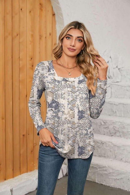 Printed Square Neck Long Sleeve Blouse - VILLA FASHION