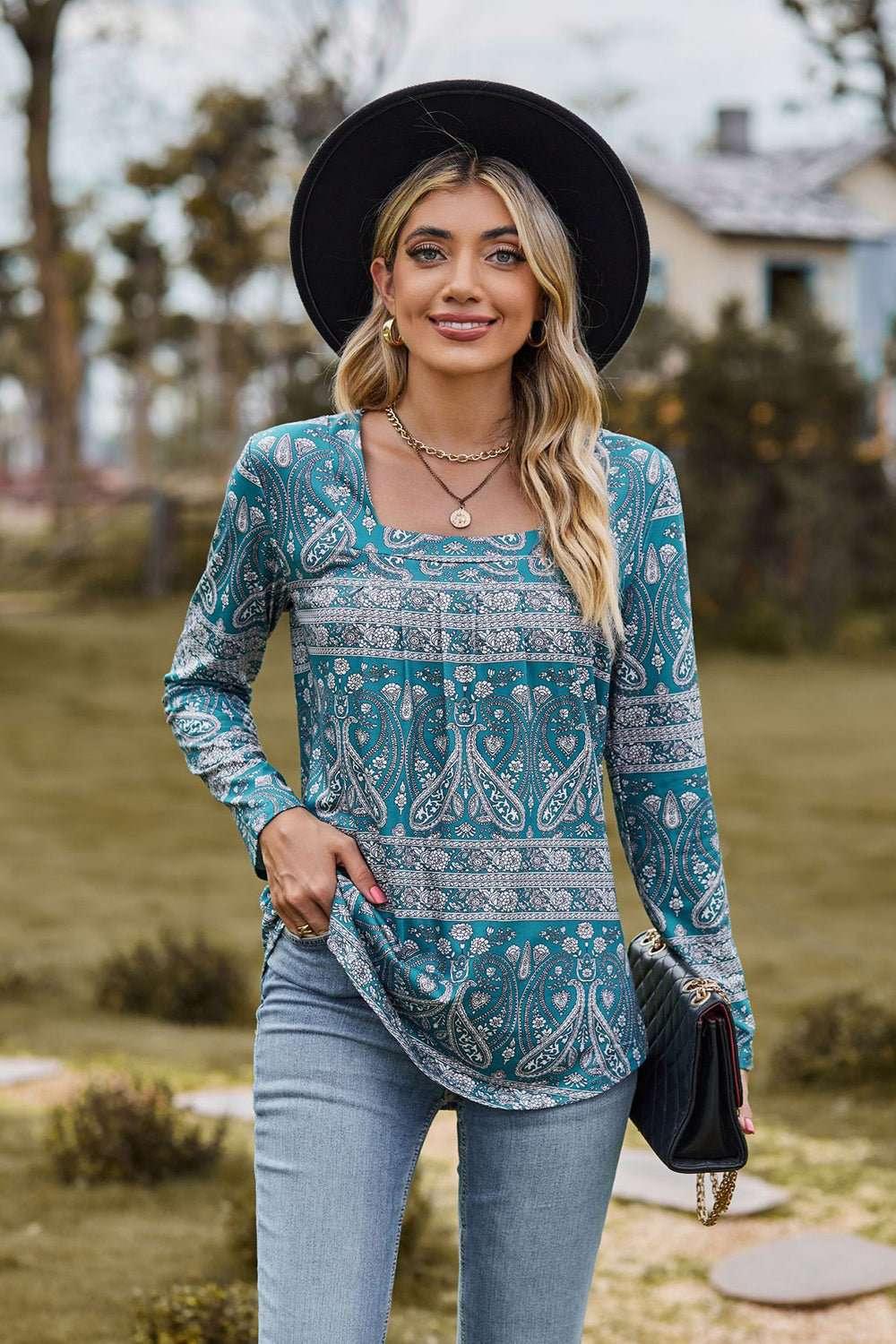 Printed Square Neck Long Sleeve Blouse - VILLA FASHION