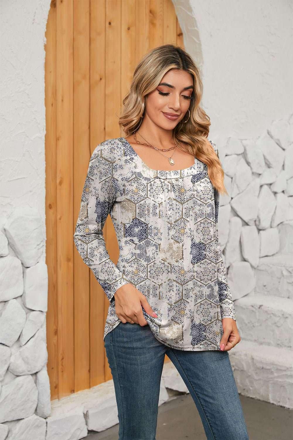 Printed Square Neck Long Sleeve Blouse - VILLA FASHION