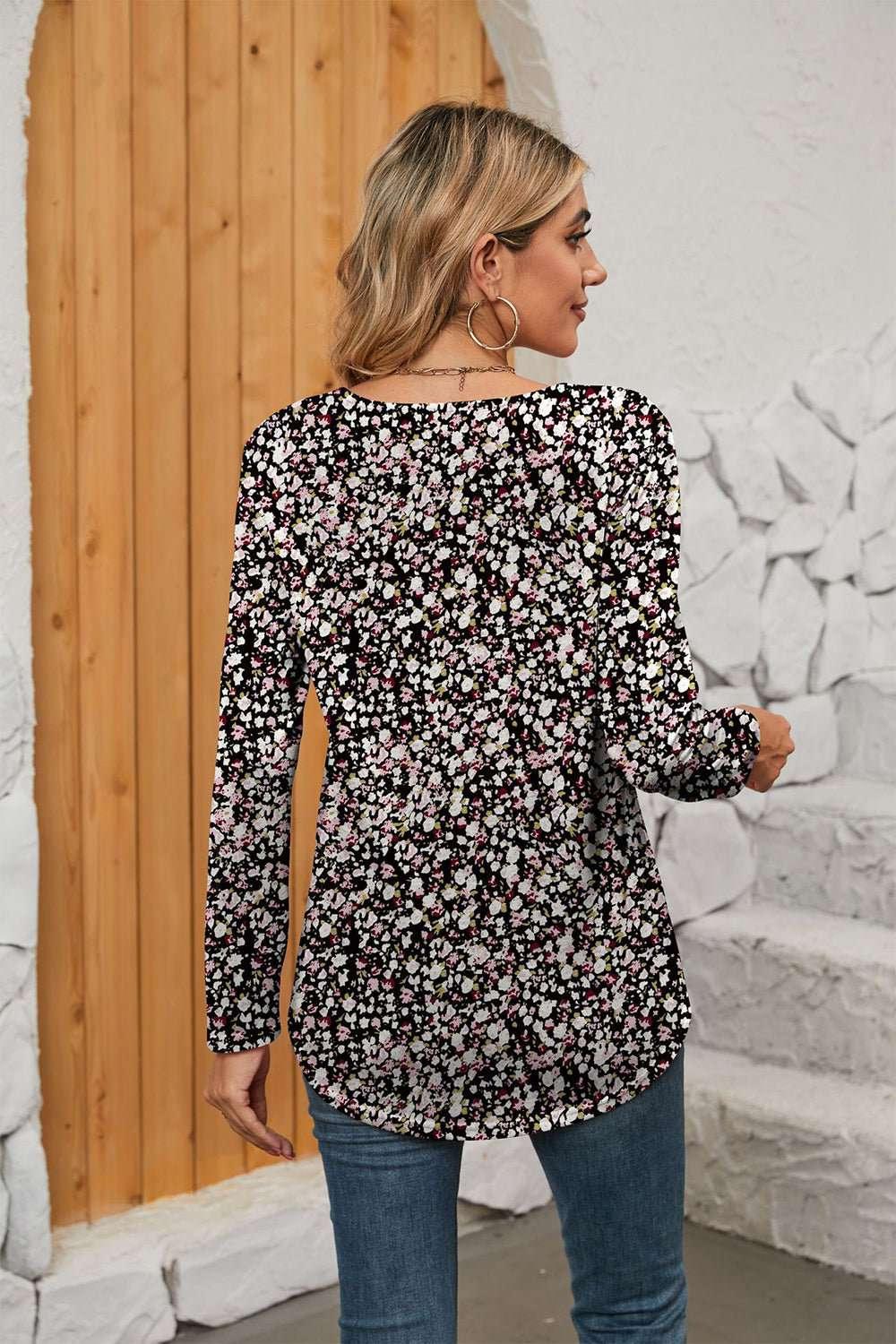Printed Square Neck Long Sleeve Blouse - VILLA FASHION