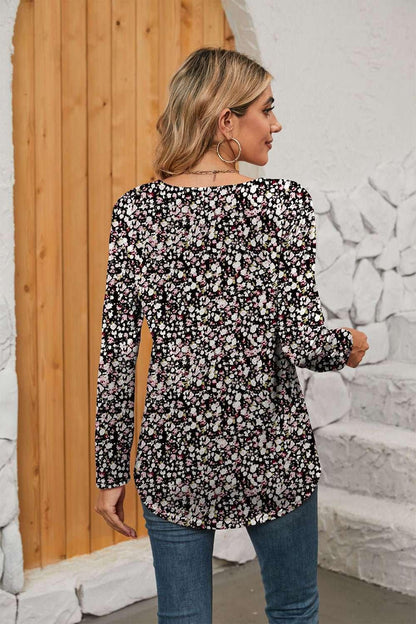 Printed Square Neck Long Sleeve Blouse - VILLA FASHION