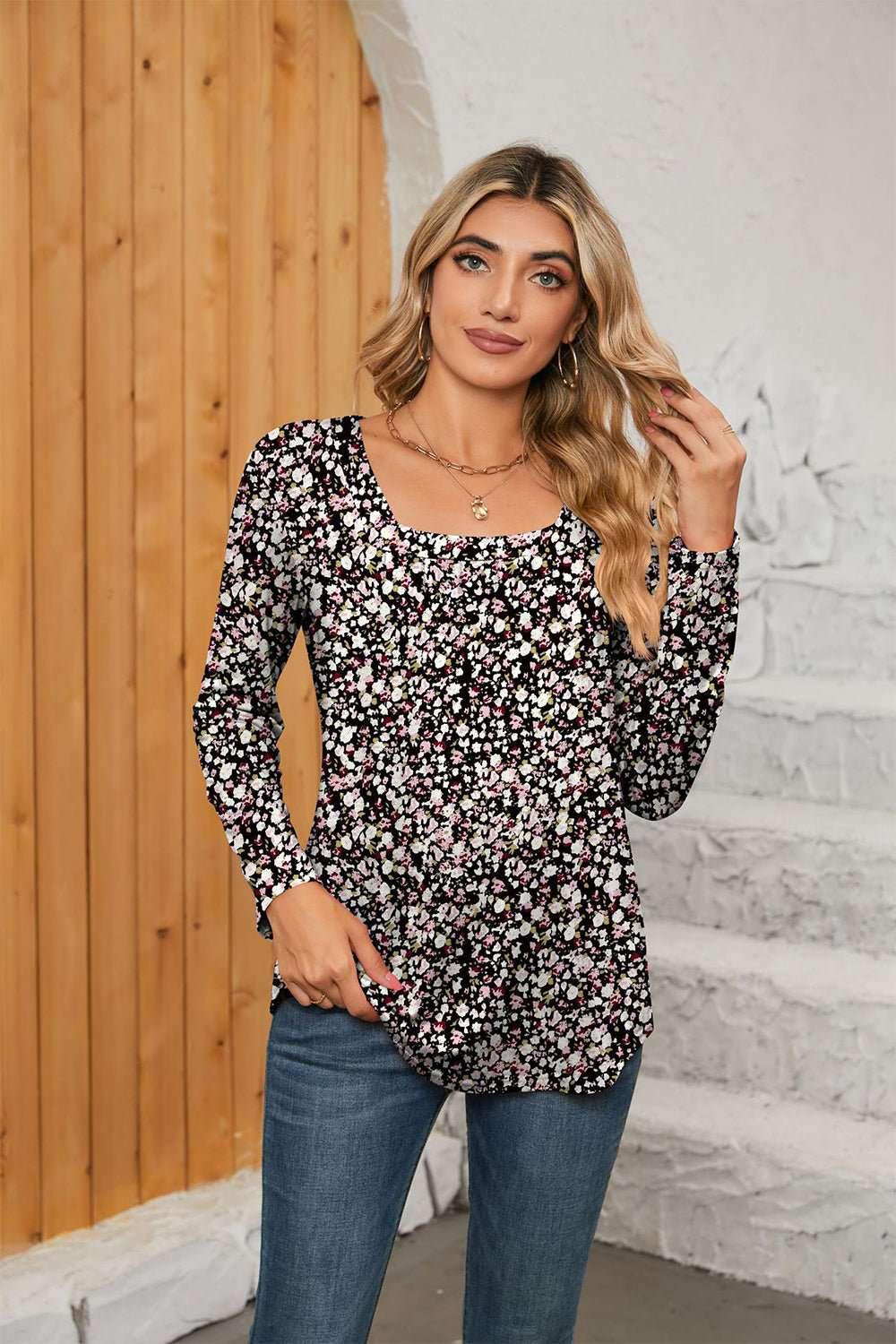 Printed Square Neck Long Sleeve Blouse - VILLA FASHION