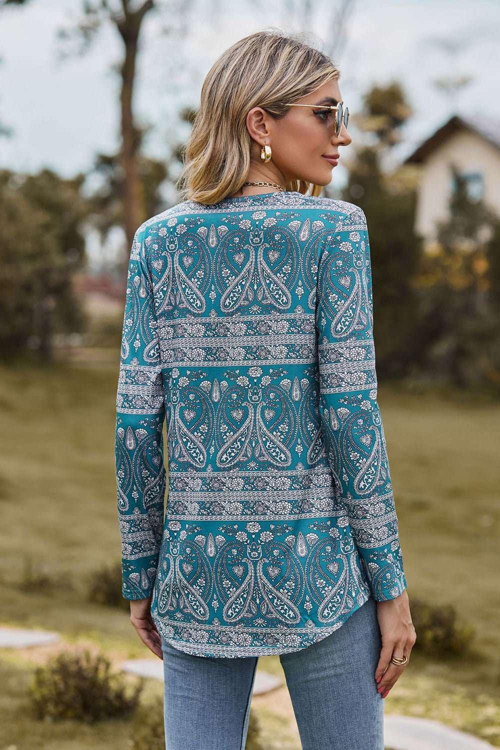 Printed Square Neck Long Sleeve Blouse - VILLA FASHION