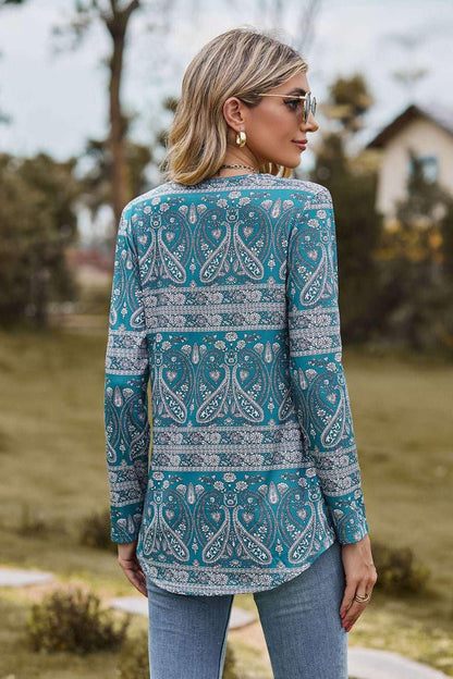 Printed Square Neck Long Sleeve Blouse - VILLA FASHION