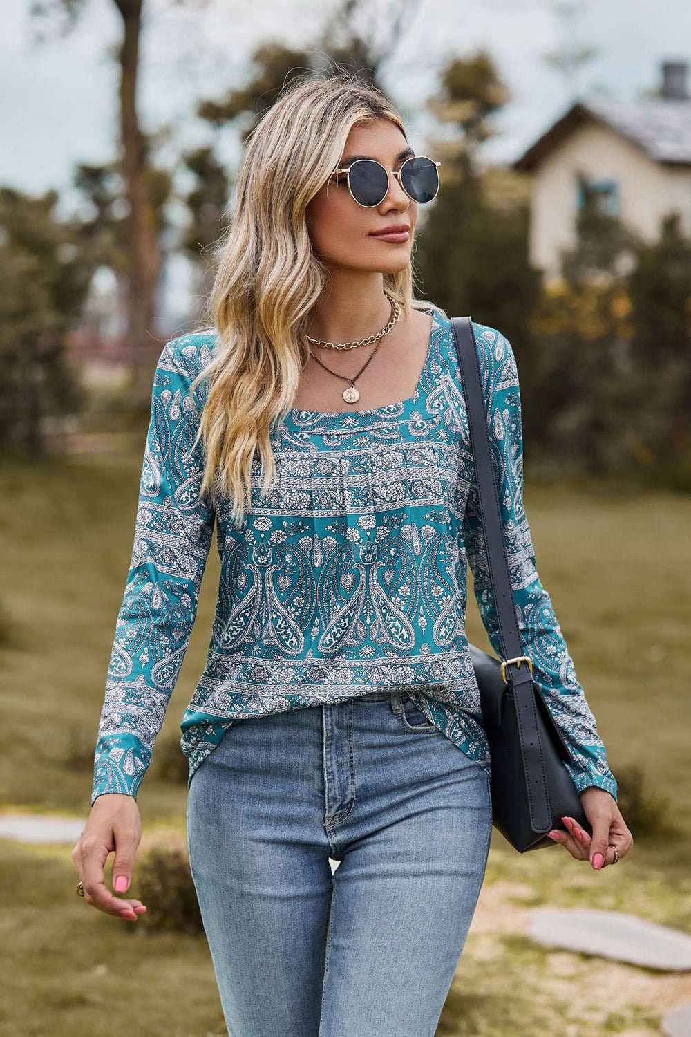 Printed Square Neck Long Sleeve Blouse - VILLA FASHION