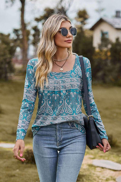 Printed Square Neck Long Sleeve Blouse - VILLA FASHION