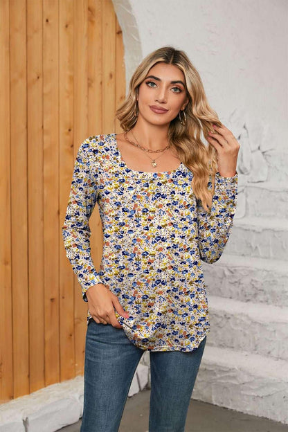 Printed Square Neck Long Sleeve Blouse - VILLA FASHION