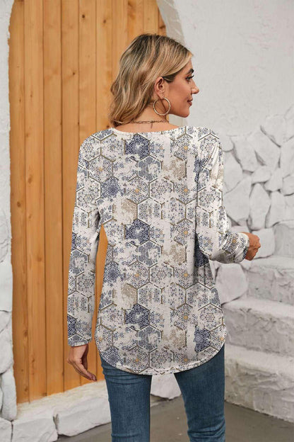 Printed Square Neck Long Sleeve Blouse - VILLA FASHION