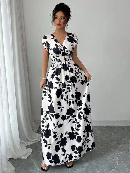 Printed Surplice Cap Sleeve Maxi Dress - VILLA FASHION