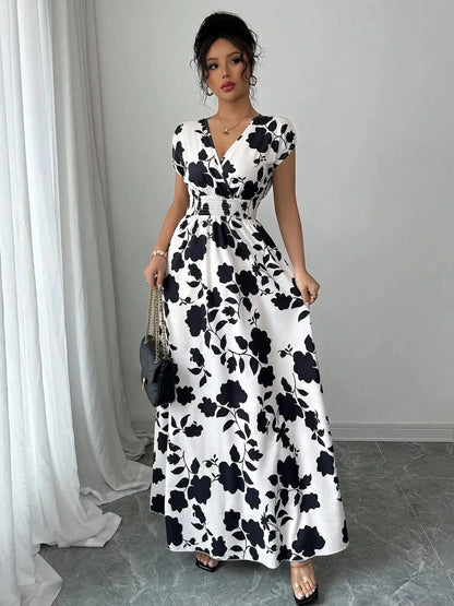 Printed Surplice Cap Sleeve Maxi Dress - VILLA FASHION