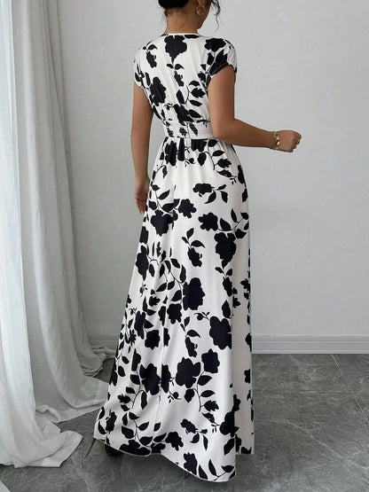 Printed Surplice Cap Sleeve Maxi Dress - VILLA FASHION