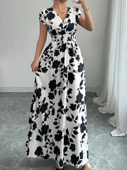 Printed Surplice Cap Sleeve Maxi Dress - VILLA FASHION