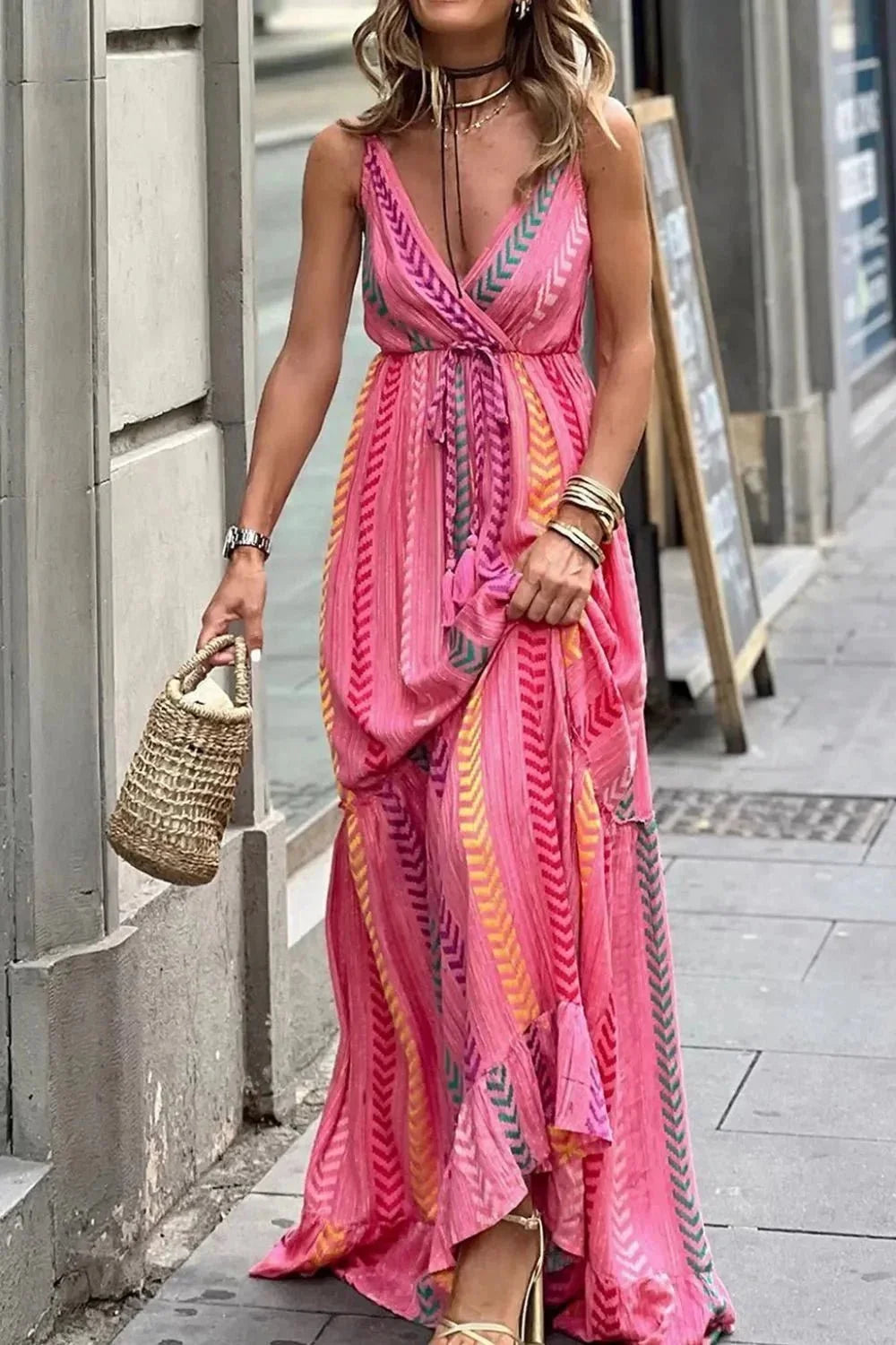 Printed Surplice Maxi Cami Dress - VILLA FASHION