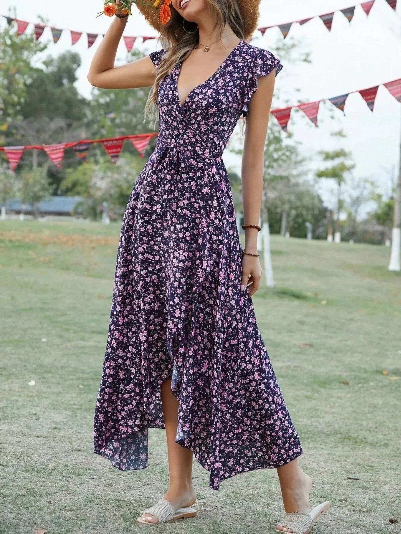 Printed Surplice Ruffle Sleeve Dress - VILLA FASHION