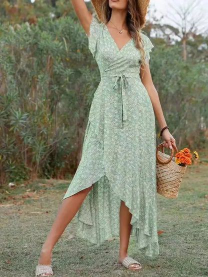 Printed Surplice Ruffle Sleeve Dress - VILLA FASHION