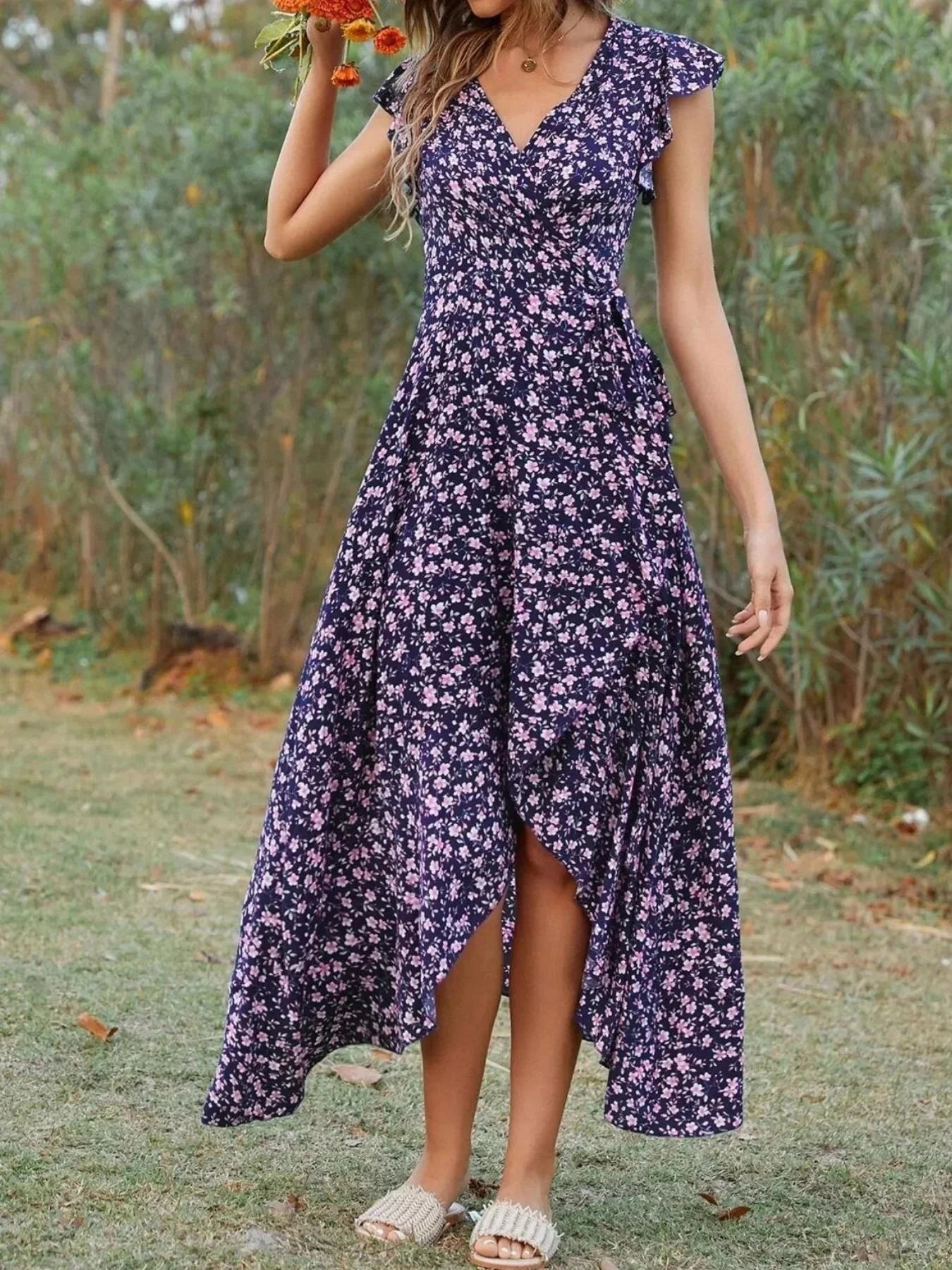 Printed Surplice Ruffle Sleeve Dress - VILLA FASHION