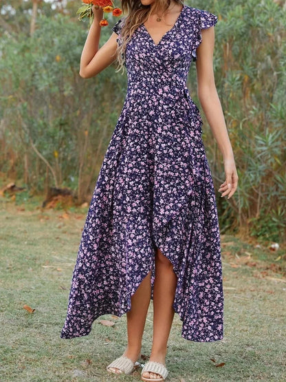 Printed Surplice Ruffle Sleeve Dress - VILLA FASHION