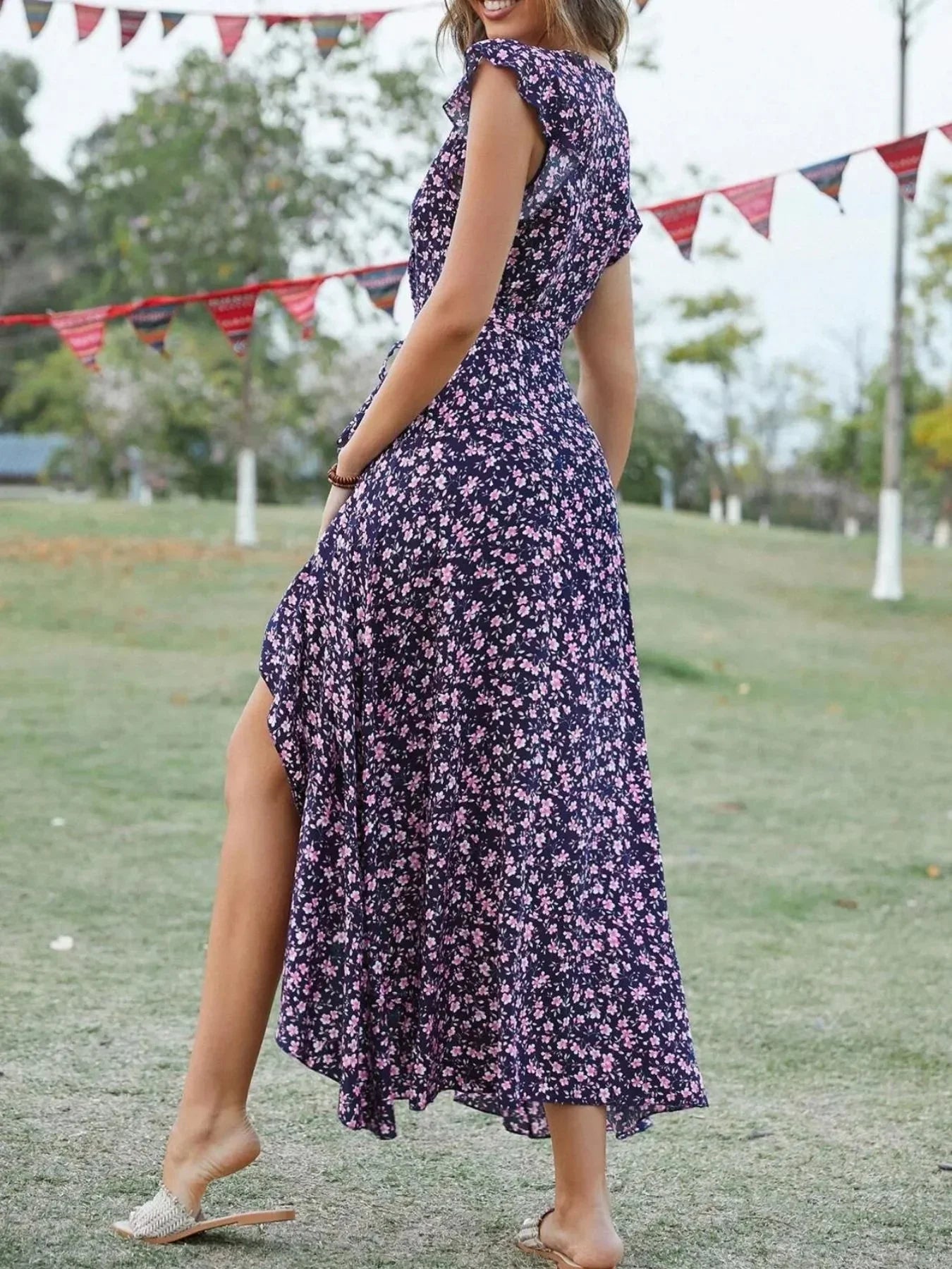 Printed Surplice Ruffle Sleeve Dress - VILLA FASHION