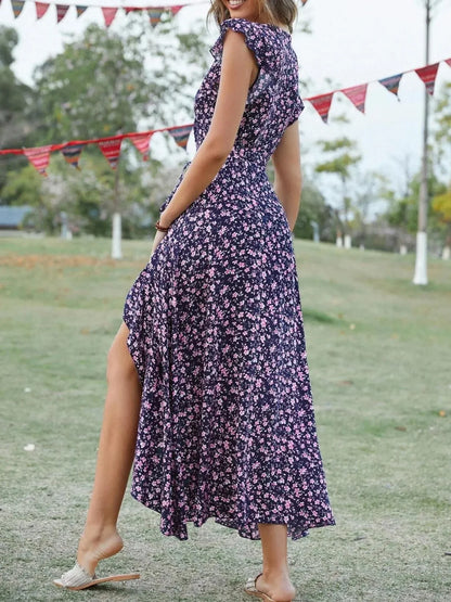 Printed Surplice Ruffle Sleeve Dress - VILLA FASHION