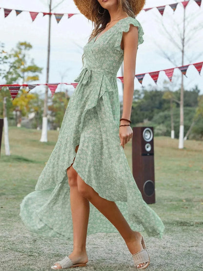 Printed Surplice Ruffle Sleeve Dress - VILLA FASHION