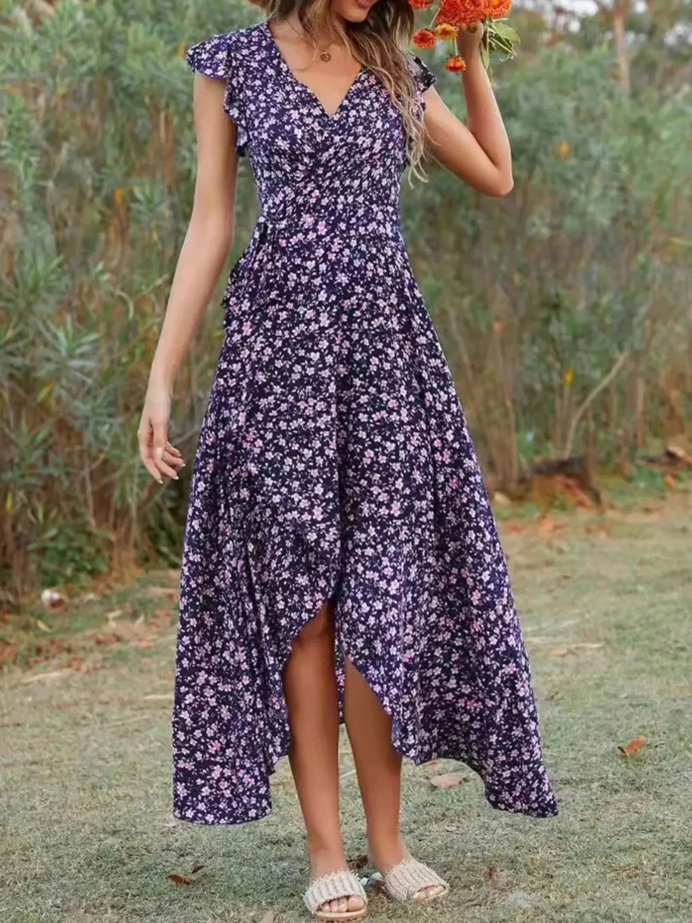 Printed Surplice Ruffle Sleeve Dress - VILLA FASHION