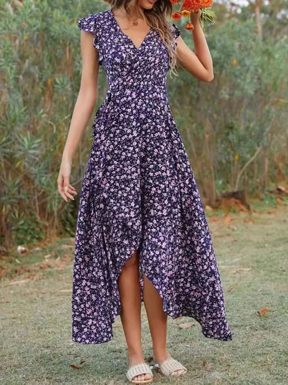 Printed Surplice Ruffle Sleeve Dress - VILLA FASHION