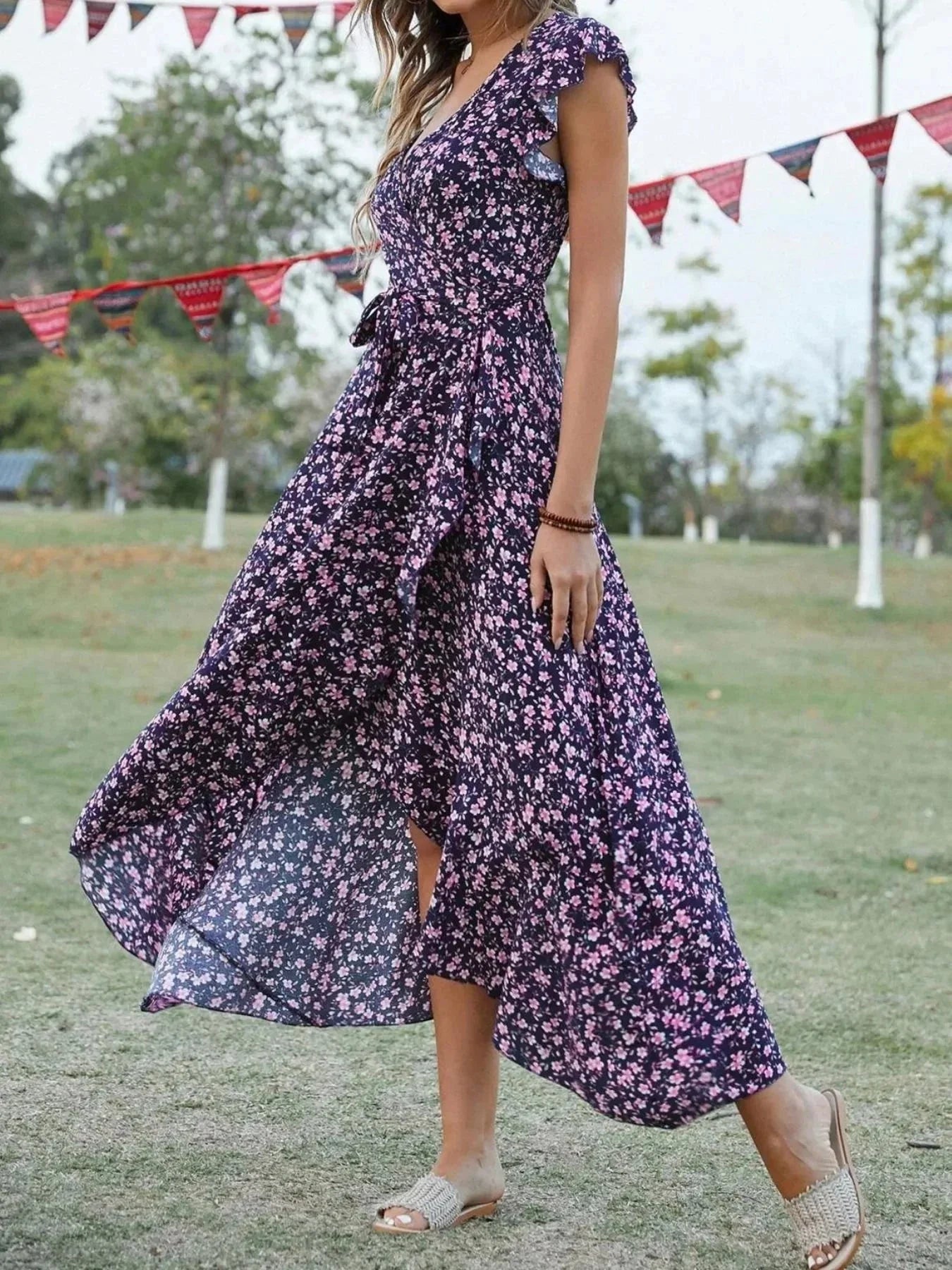 Printed Surplice Ruffle Sleeve Dress - VILLA FASHION