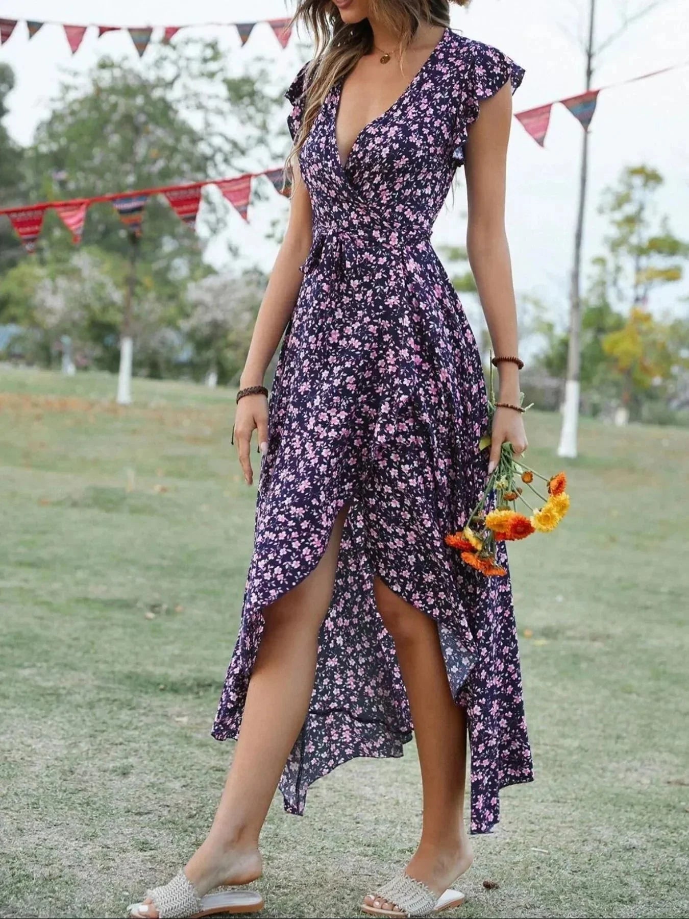 Printed Surplice Ruffle Sleeve Dress - VILLA FASHION