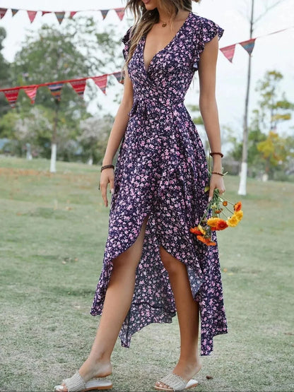 Printed Surplice Ruffle Sleeve Dress - VILLA FASHION