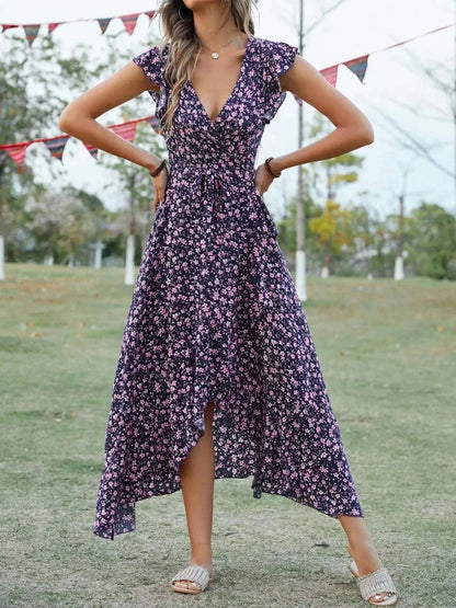 Printed Surplice Ruffle Sleeve Dress - VILLA FASHION