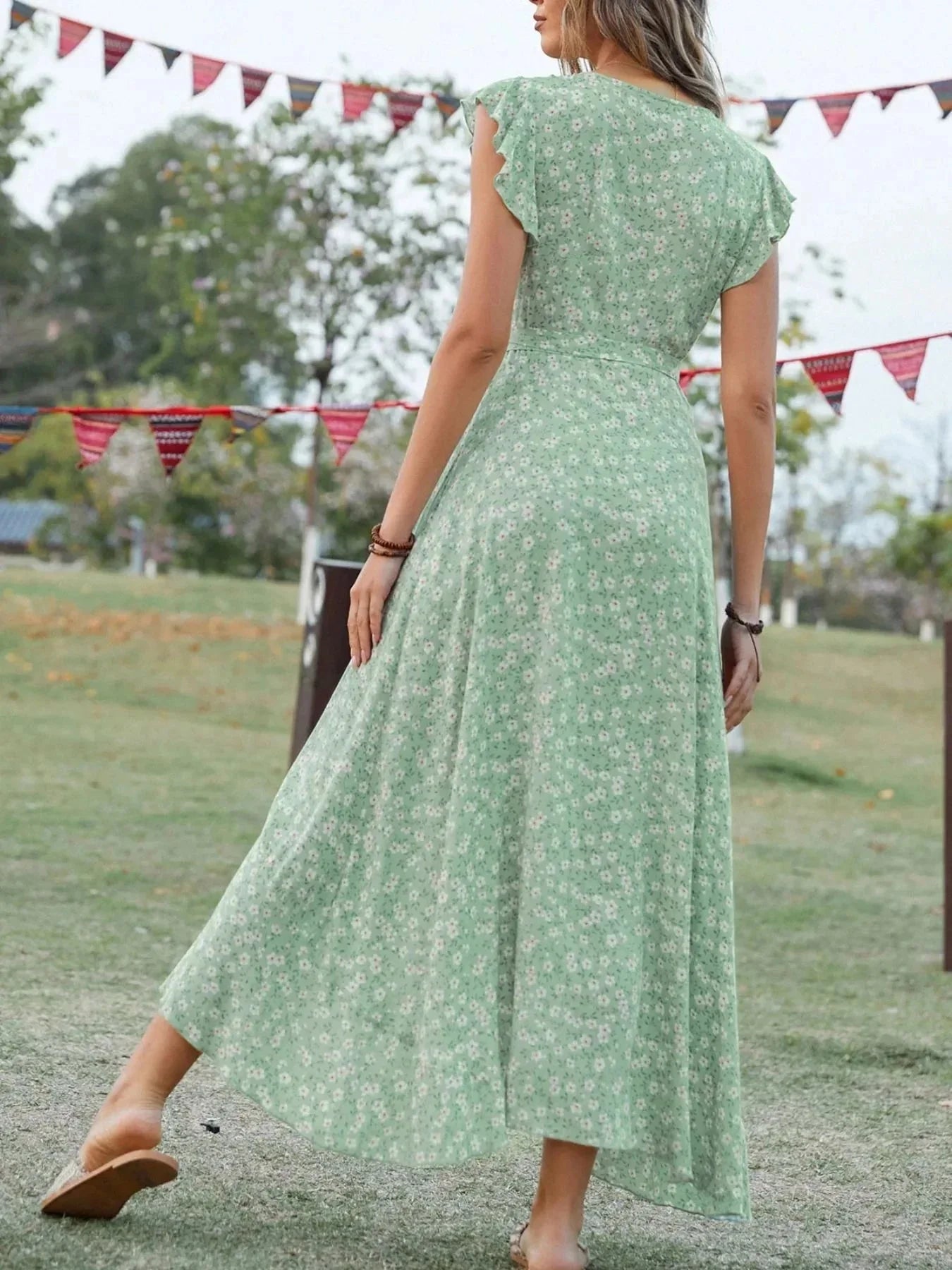 Printed Surplice Ruffle Sleeve Dress - VILLA FASHION