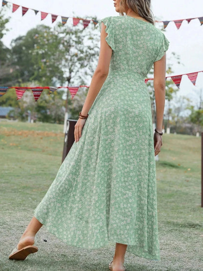 Printed Surplice Ruffle Sleeve Dress - VILLA FASHION