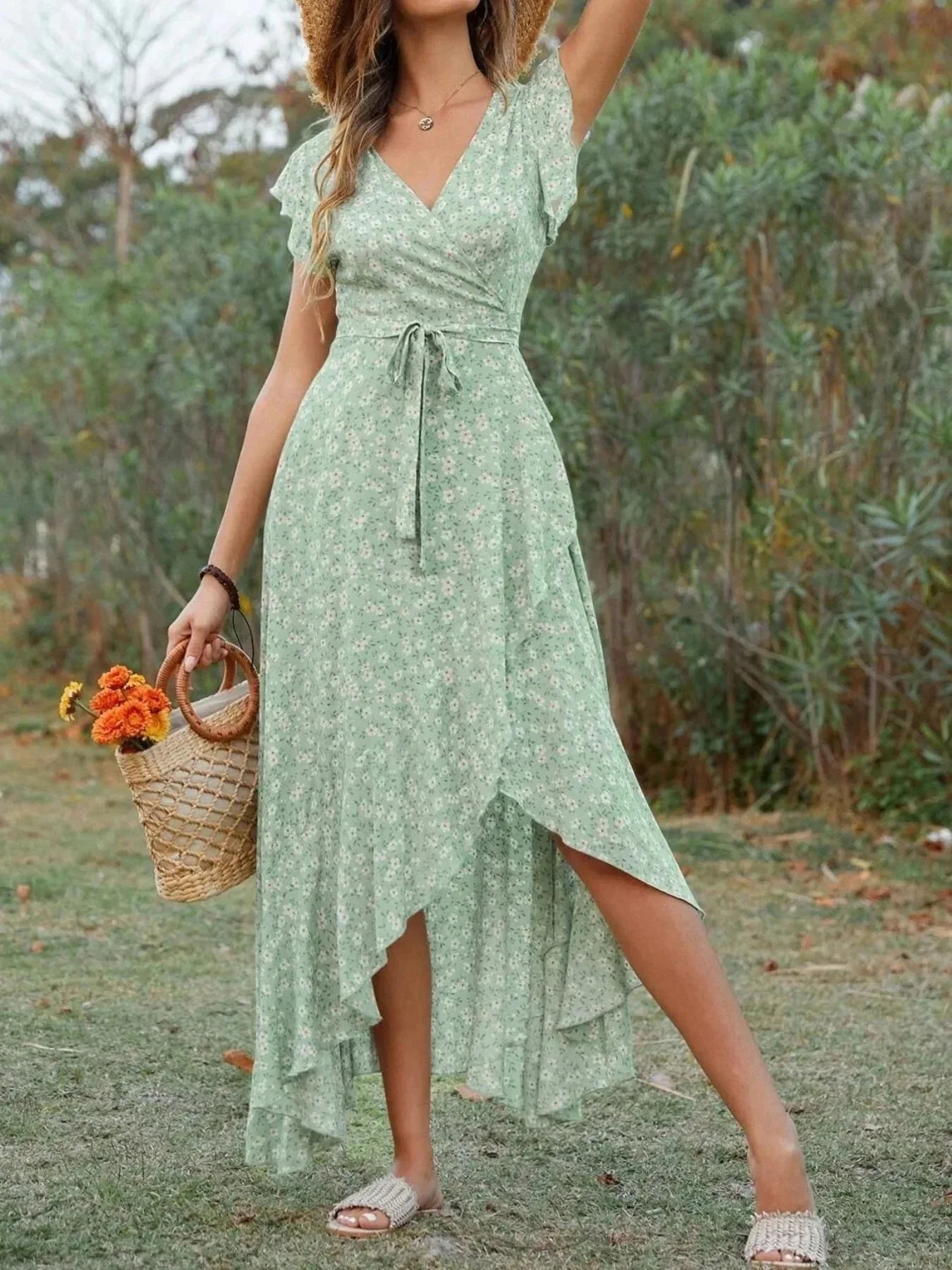 Printed Surplice Ruffle Sleeve Dress - VILLA FASHION