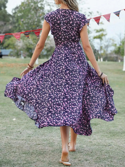 Printed Surplice Ruffle Sleeve Dress - VILLA FASHION