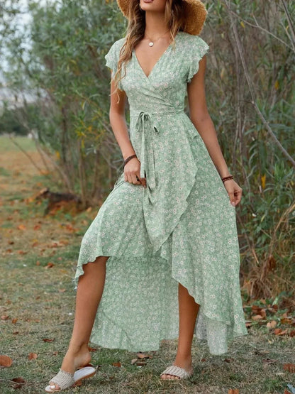 Printed Surplice Ruffle Sleeve Dress - VILLA FASHION