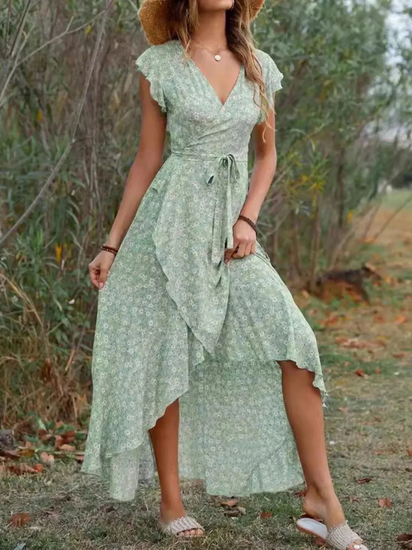 Printed Surplice Ruffle Sleeve Dress - VILLA FASHION