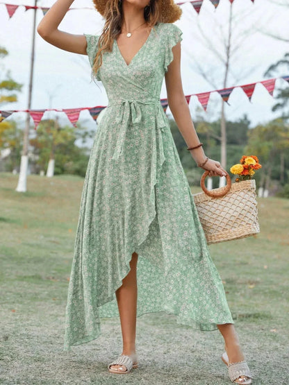 Printed Surplice Ruffle Sleeve Dress - VILLA FASHION