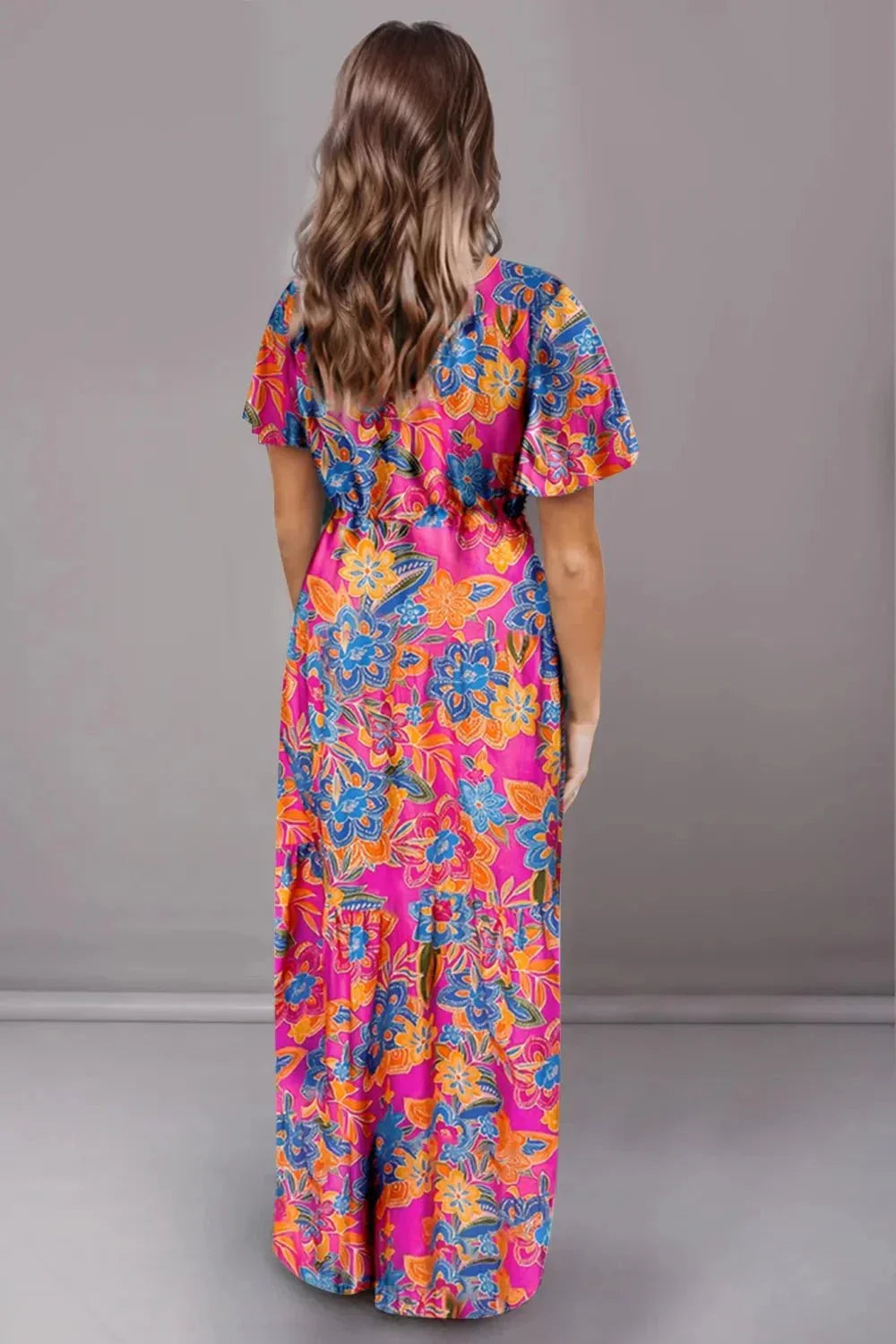 Printed Surplice Short Sleeve Maxi Dress - VILLA FASHION