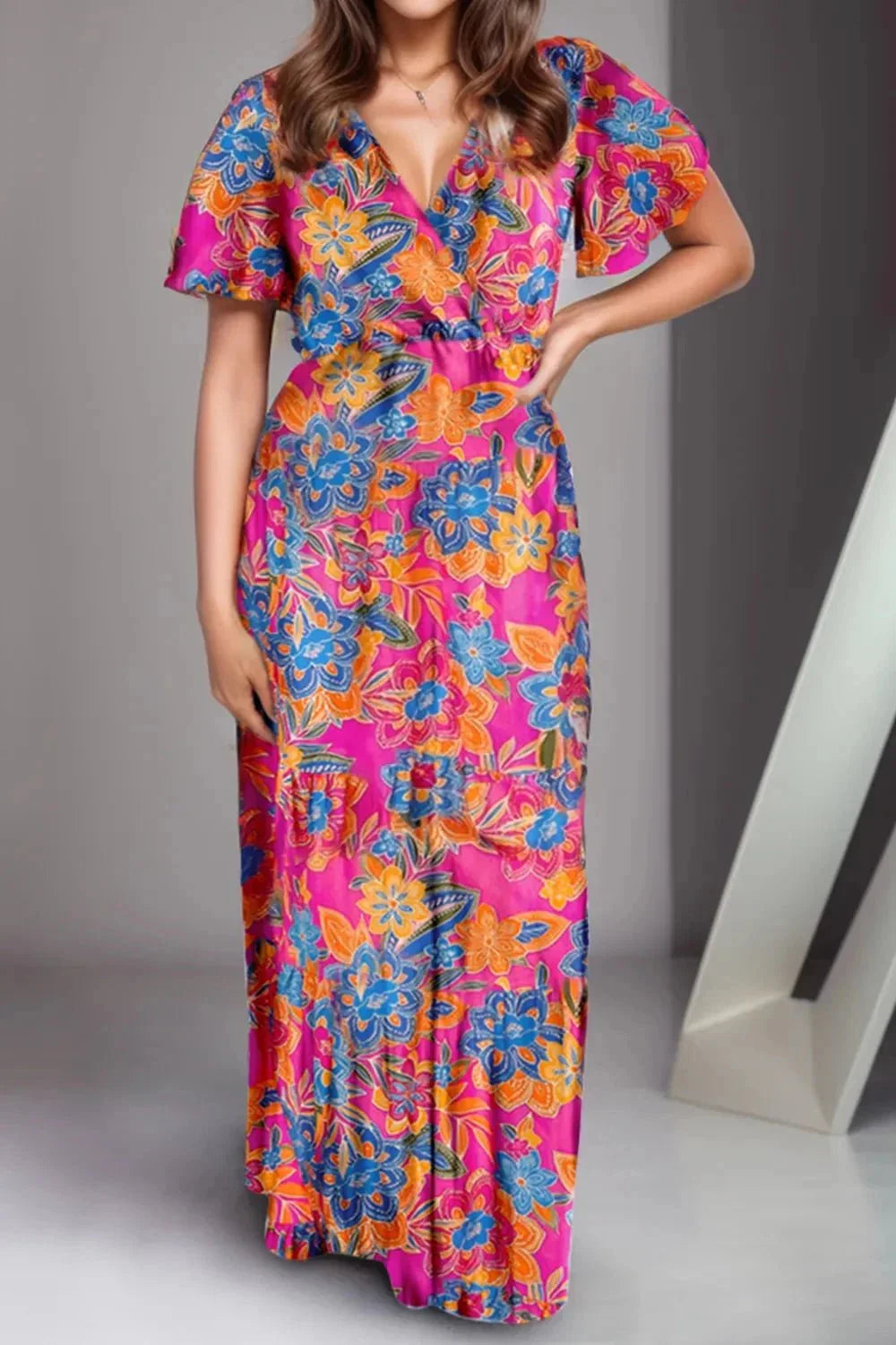 Printed Surplice Short Sleeve Maxi Dress - VILLA FASHION
